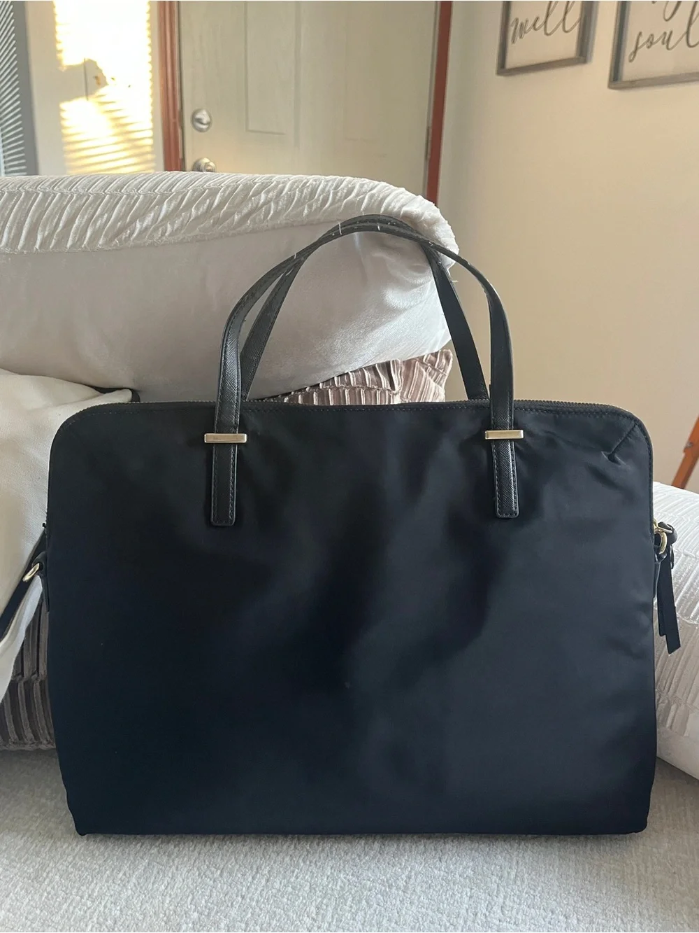 kate spade Black Nylon Laptop Tote with Gold Logo Plaque